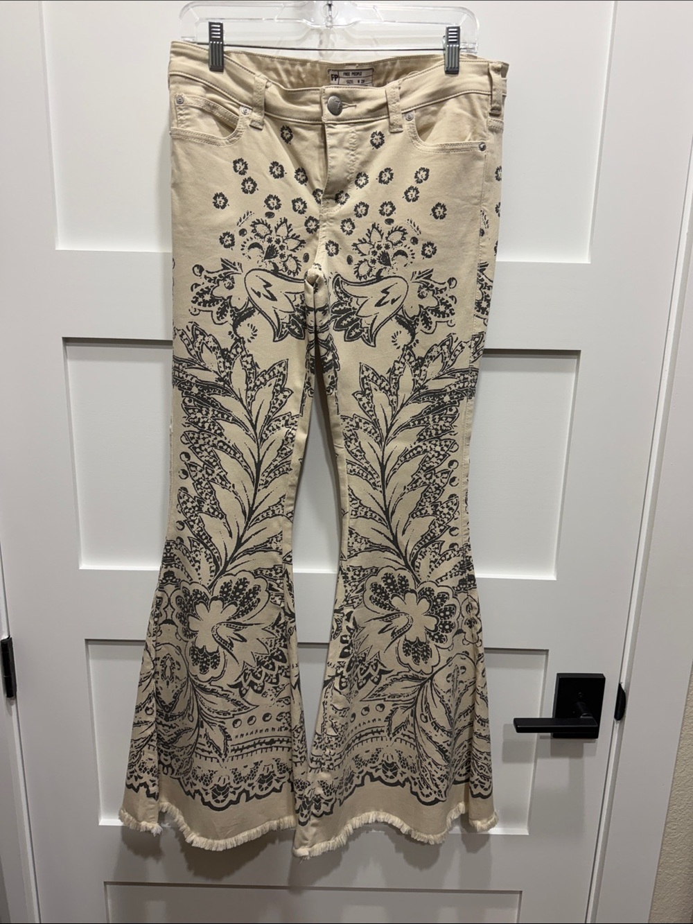 Free People Beige Bootcut Pants with Black Paisley Print